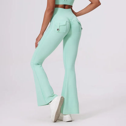 Workwear Pocket Pants, Women's Peach Bell Bottom Pants, Hip Lifting Sports Leggings, Fitness Pants, Micro Bell Bottom Pants