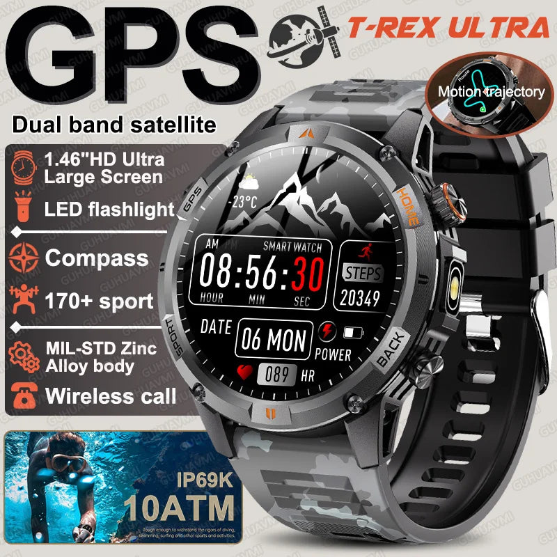 New T-Rex3 Ultra Dual band GPS Tracker Smart Watch Compass 10ATM Waterproof Sports fitness BT call Outdoors Military Smartwatch