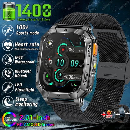 Rugged Military Smart Watch 1400mAh Battery Fitness Tracking IP68 Waterproof Tactical Sports Flashlight 2026 New Men Smartwatch