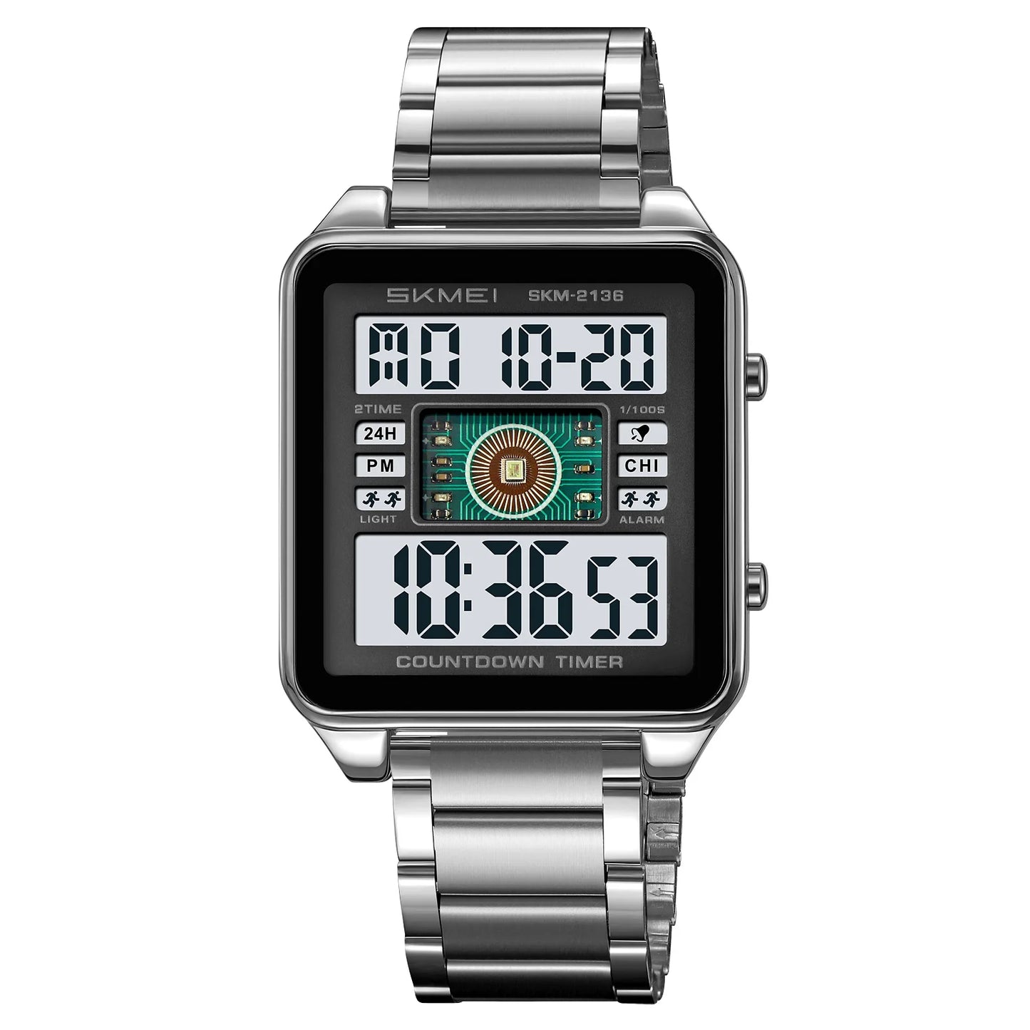 SKMEI 2136 lighting Stylish Mens Digital Watch Stainless Steel Countdown Stopwatch Wristwatch Fashion Electronic Movement Clock