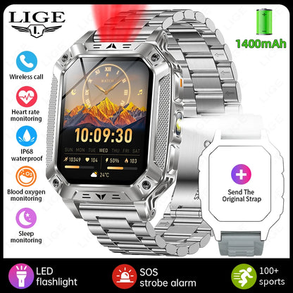 LIGE 1400mAh Large Capacity Battery Smart Watch Men Outdoor SOS Flashlight IP68 Sports Fitness Tracker Voice Calling Smartwatch