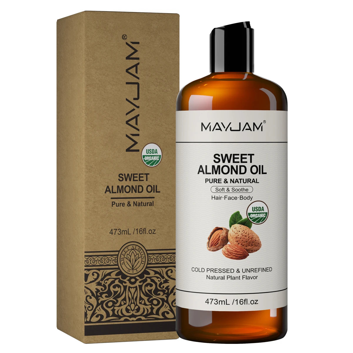Organic Sweet Almond Oil Cold Pressed 16 floz Sunflower Grapeseed Jojoba Castor Essential Oil Moisturizing for Face, Hair, Skin