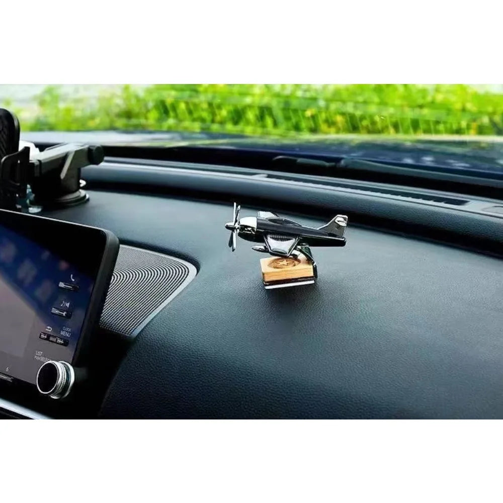  ﻿ Alloy Solar Airplane Car Diffuser Wooden Base Fragrance Diffuser Energy Rotate Airplane Ornaments for Car Office Home Decor