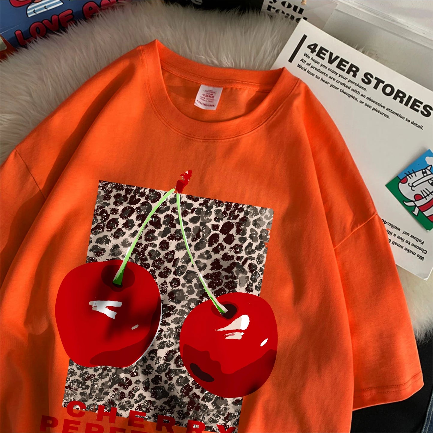 Cherry perfection T Shirt Women Leopard Prints Oversize Cotton T-Shirts Casual O-Neck Short Sleeve Tops Summer Woman Clothes
