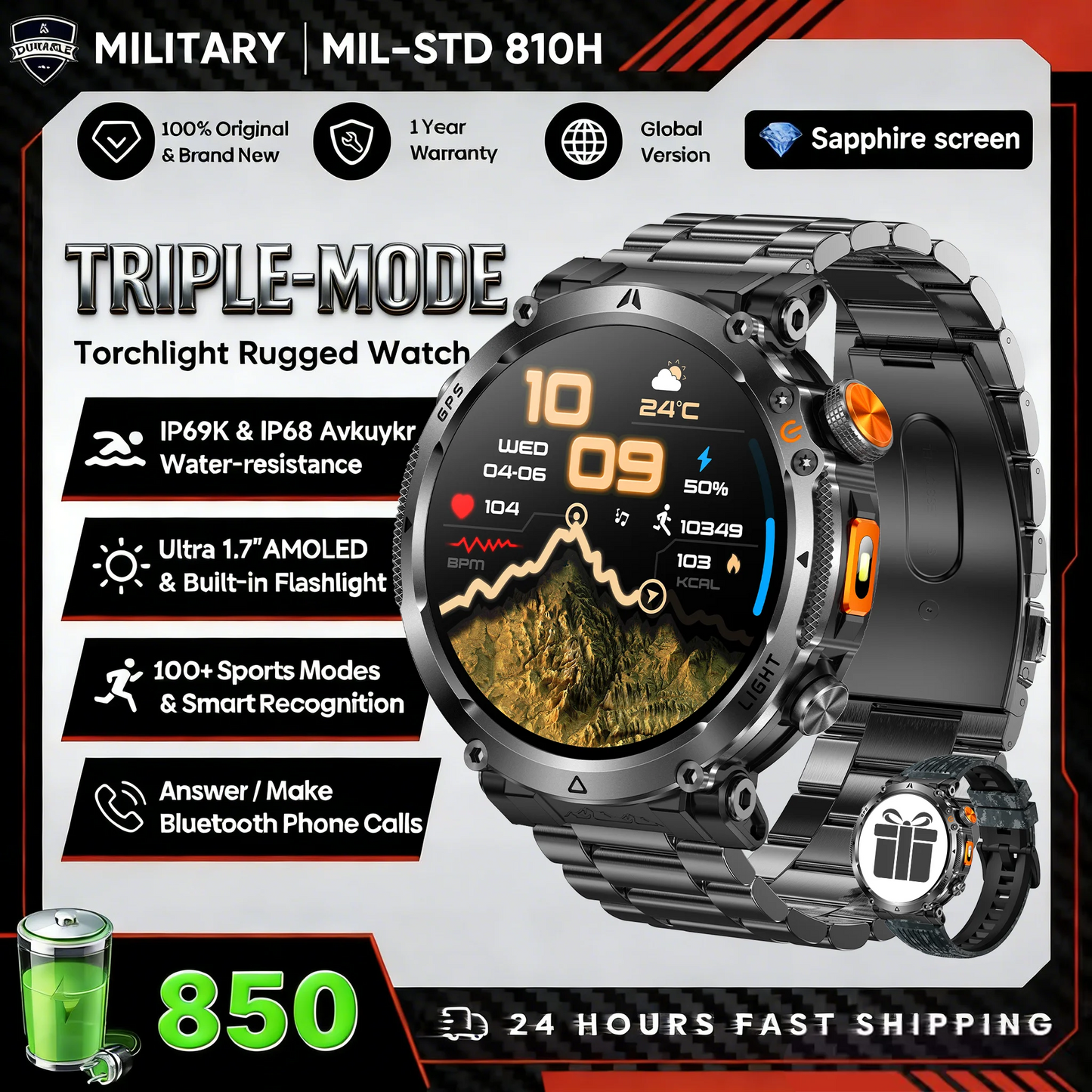 2026 New Military GPS Sports Smart Watch Men Compass 3ATM Waterproof Swim Fitness Tracker AMOLED HD SmartWatches 850Mah Battery