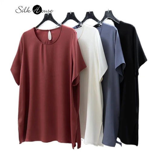 2025 Women's Casual Summer New Relaxation Style 26MM 93% Natural Mulberry Silk Elastic Wrinkled Round Neck Short Sleeve T-shirt
