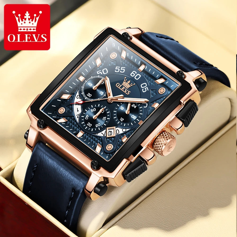 OLEVS 9919 Chronograph Multifunctional Quartz Men's Watch Leather strap 45MM Square Big Dial Leisure Sports TOP Brand Male Watch