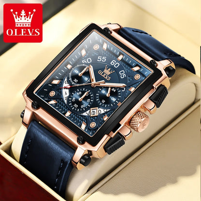 OLEVS 9919 Chronograph Multifunctional Quartz Men's Watch Leather strap 45MM Square Big Dial Leisure Sports TOP Brand Male Watch