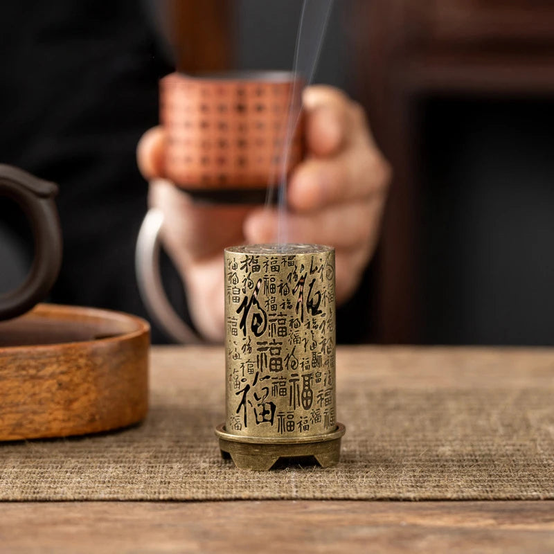 Cylindrical Vertical Incense Burner Small Alloy Incense Holder Indoor Aromatherapy Home Ornament Chinese Inense Burners