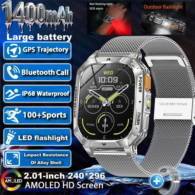Outdoor military Smart Watch 1400mAh Battery Fitness Tracking 10ATM Waterproof Tactical Sports Flashlight Men's Phone Watches