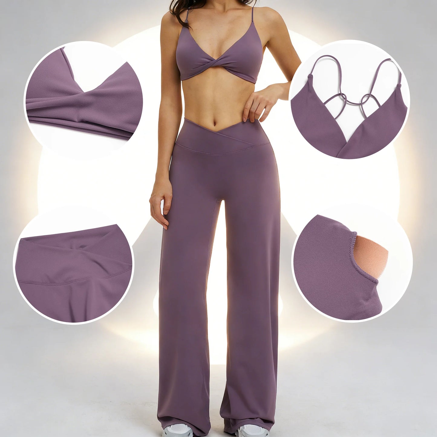 Yoga Set - Backless Bra + Cross Waist Wide Leg Pants Fitness Suit, Jogging Tracksuit Active Wear Workout Loungewear Sports Gym