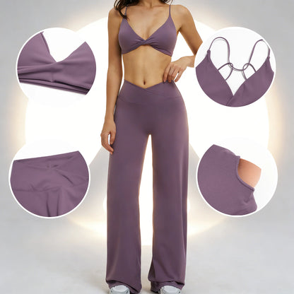Yoga Set - Backless Bra + Cross Waist Wide Leg Pants Fitness Suit, Jogging Tracksuit Active Wear Workout Loungewear Sports Gym