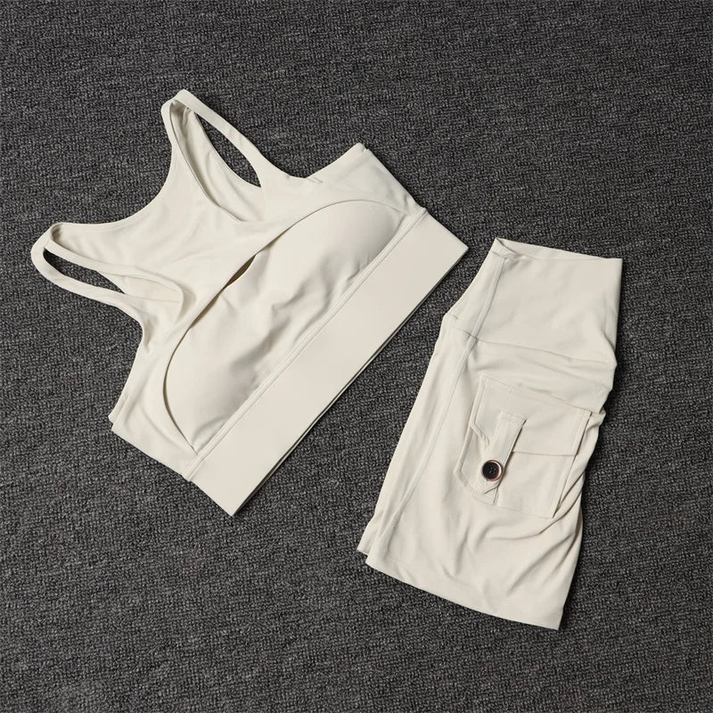 TRY TO BN Fitness Shorts Yoga Sports Bra Sets Women's Tracksuit Sportswear Workout High Waisted Leggings Cycling Gym Suit Pocket