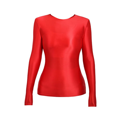 MJINM Glossy Satin Elastic Crewneck Longsleeve Breathable Tops Blouse Streetwear Sport Fitness Yoga Tees Casual Tight Undershirt