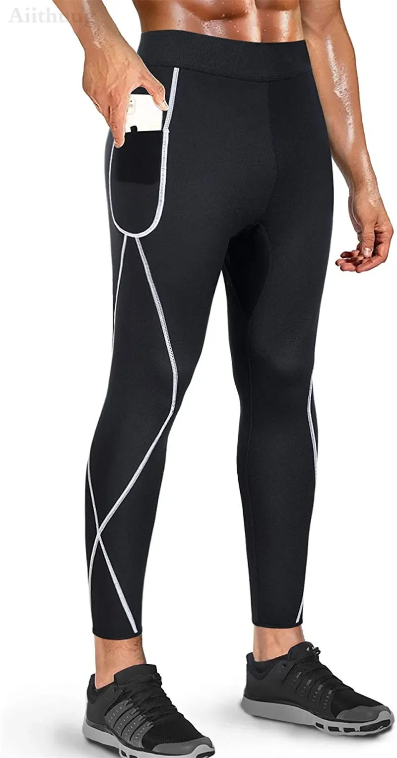 Aiithuug Men Neoprene Sweatpants Athletic Sauna Sweat 5 Times Sweating Pants Running Workout Sports Leggings Pocket Body Shapers
