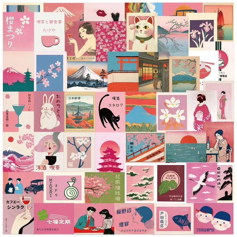 50pcs/set Pink Vintage Japanese Scrapbook Sticker Aesthetic Y2K Retro Journaling Sticker DIY Decor Deal for Phone Case Luggage