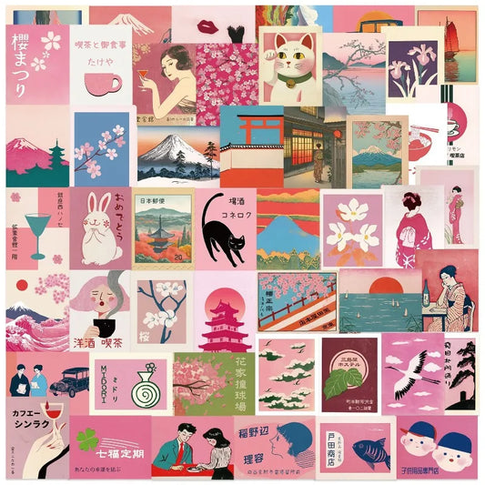 50pcs/set Pink Vintage Japanese Scrapbook Sticker Aesthetic Y2K Retro Journaling Sticker DIY Decor Deal for Phone Case Luggage