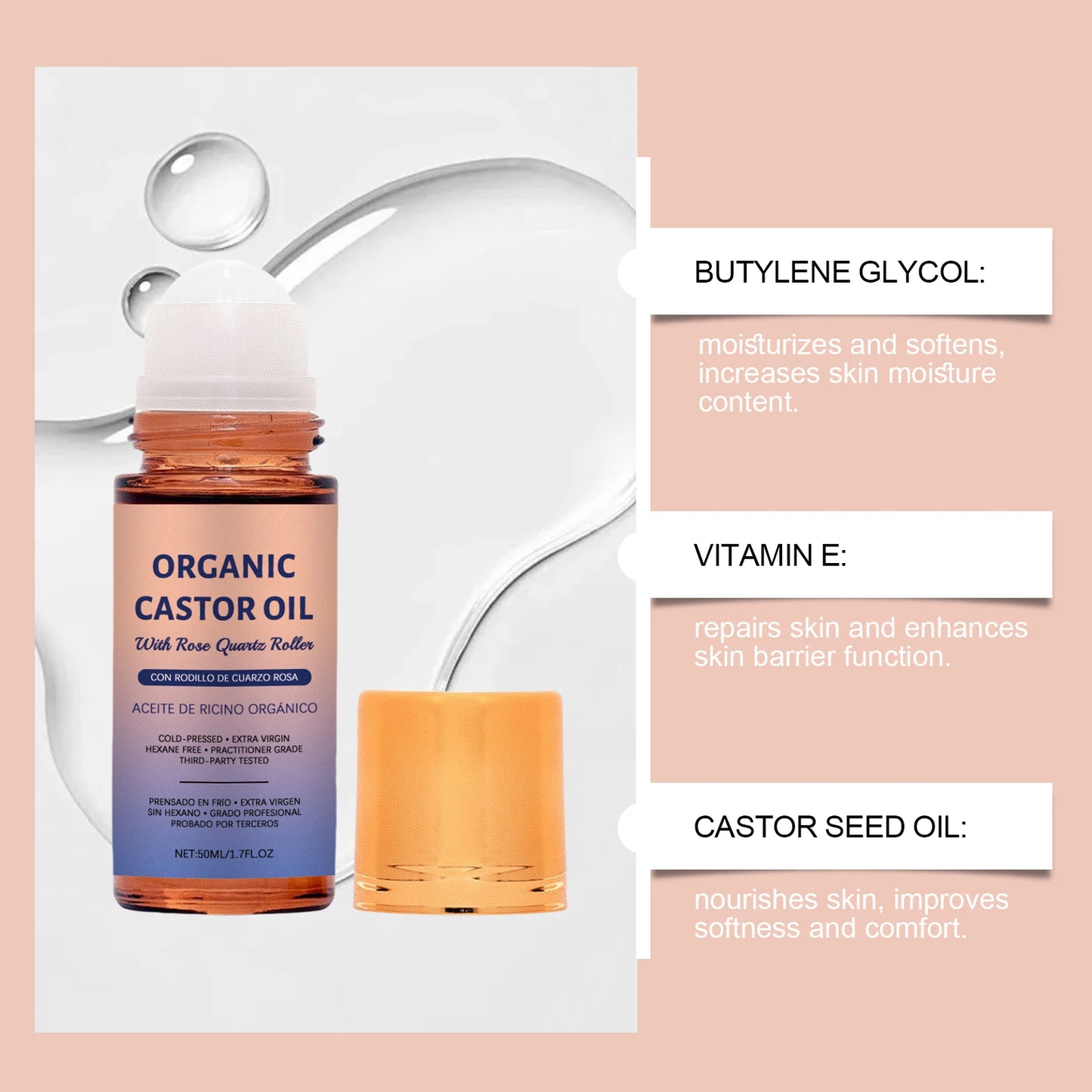 Organic Castor Oil Roll on Skin Care Essential Oil Moisturize Nourishing Brightening Deep Relaxation Face Body Massage Essence