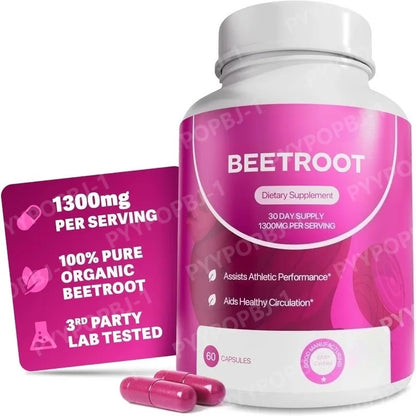 Organic Beet Root Capsules 1300mg Natural Beetroot Powder Supplement for Circulation Energy Support 60 Capsules
