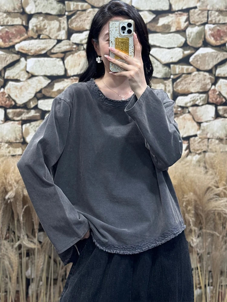Amax LuluE Womens Fashion Korean Luxury Tops Ladies 2025 Autumn Leisure Vintage Tee Shirts Loose Cotton O Neck Fitness Clothing