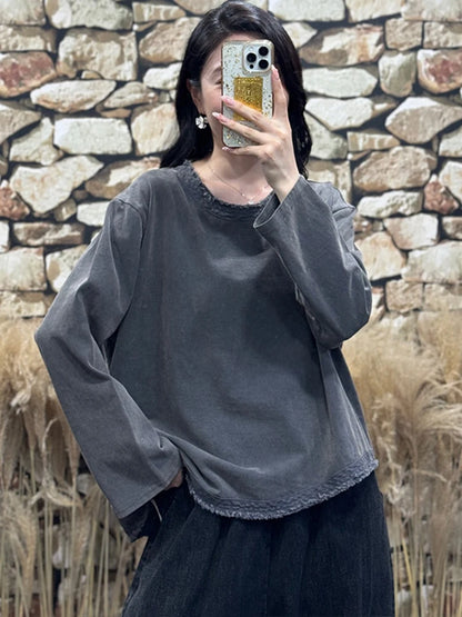 Amax LuluE Womens Fashion Korean Luxury Tops Ladies 2025 Autumn Leisure Vintage Tee Shirts Loose Cotton O Neck Fitness Clothing