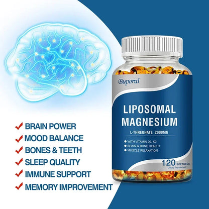 Liposomal Magnesium L-Threonate - Containing Vitamin D3 and K2, Supports Brain, Bone, Heart, Muscle and Promotes Sleep