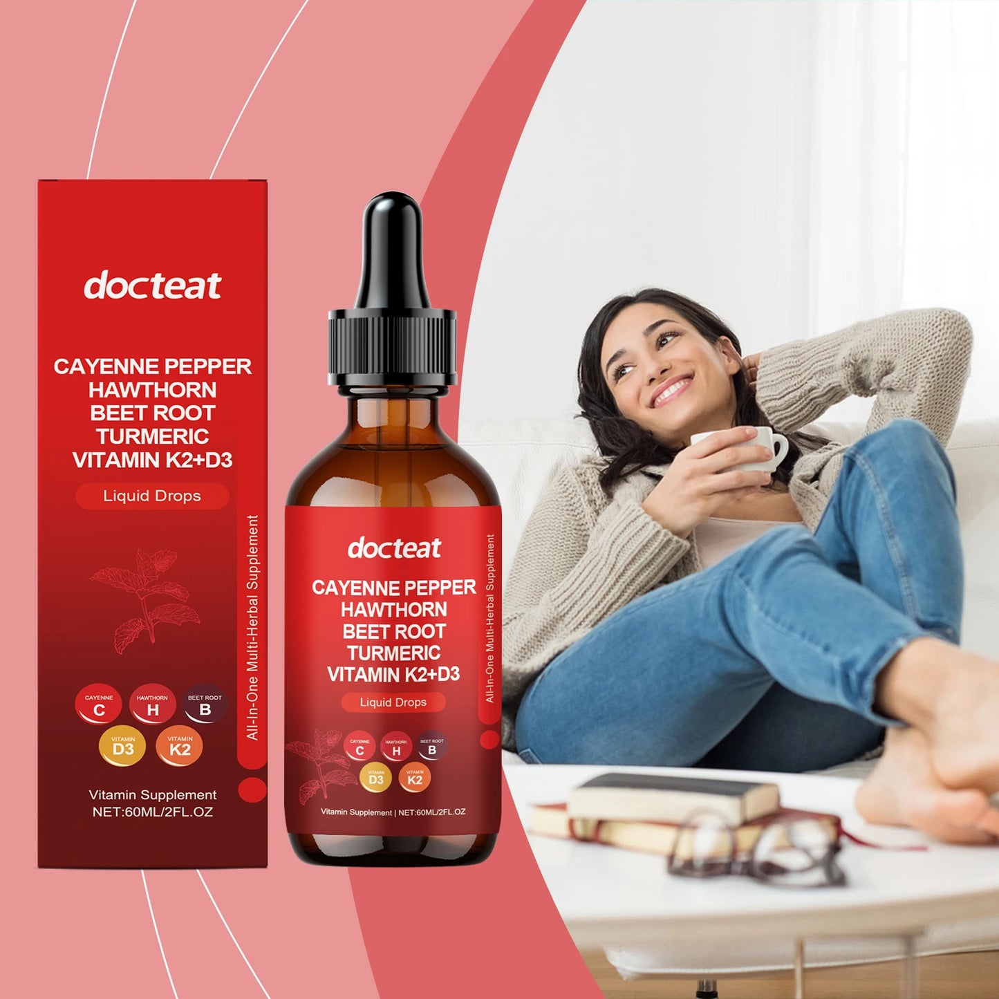 Cayenne Pepper Drops with Hawthorn Berry, Beetroot, Turmeric, and Vitamins D3 & K2 - All-in-One Liquid Supplement
