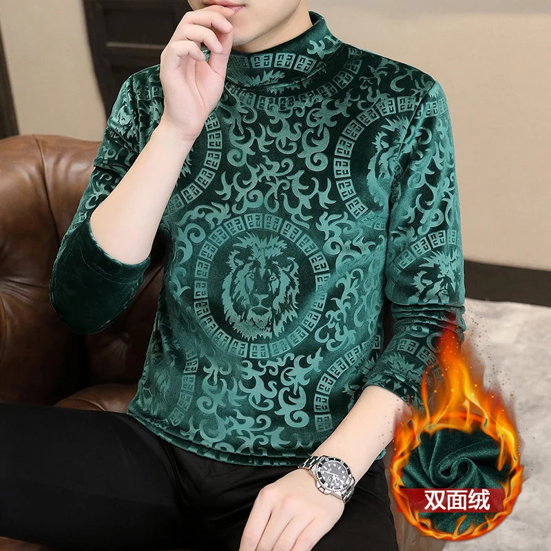 Luxury Dragon Jacquard T Shirt For Men Long Sleeve Casual Slim Winter Thick Quality Velvet Easy Care Smooth Turtleneck Camisetas