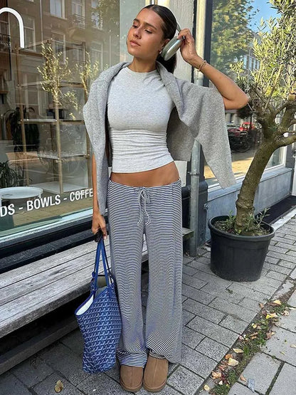 Women's Stripe Drawstring Low Waist Sweatpants Casual Elastic Baggy Straight Leg Pants Loose Fit Summer Streetwear Trousers