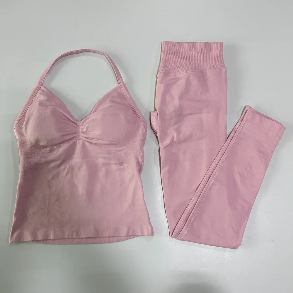 2Pcs Gym Set Women Backless Tank Tops High Waist Scrunch Seamless Shorts Gym Suit Fitness Clothes Activewear Workout Set