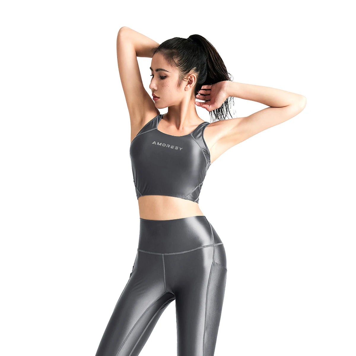 AMORESY Women Glossy Spandex Stretch Shockproof Running Fitness Bra Activewear Yoga Running Tank Tops Tight Camisole T-shirt New