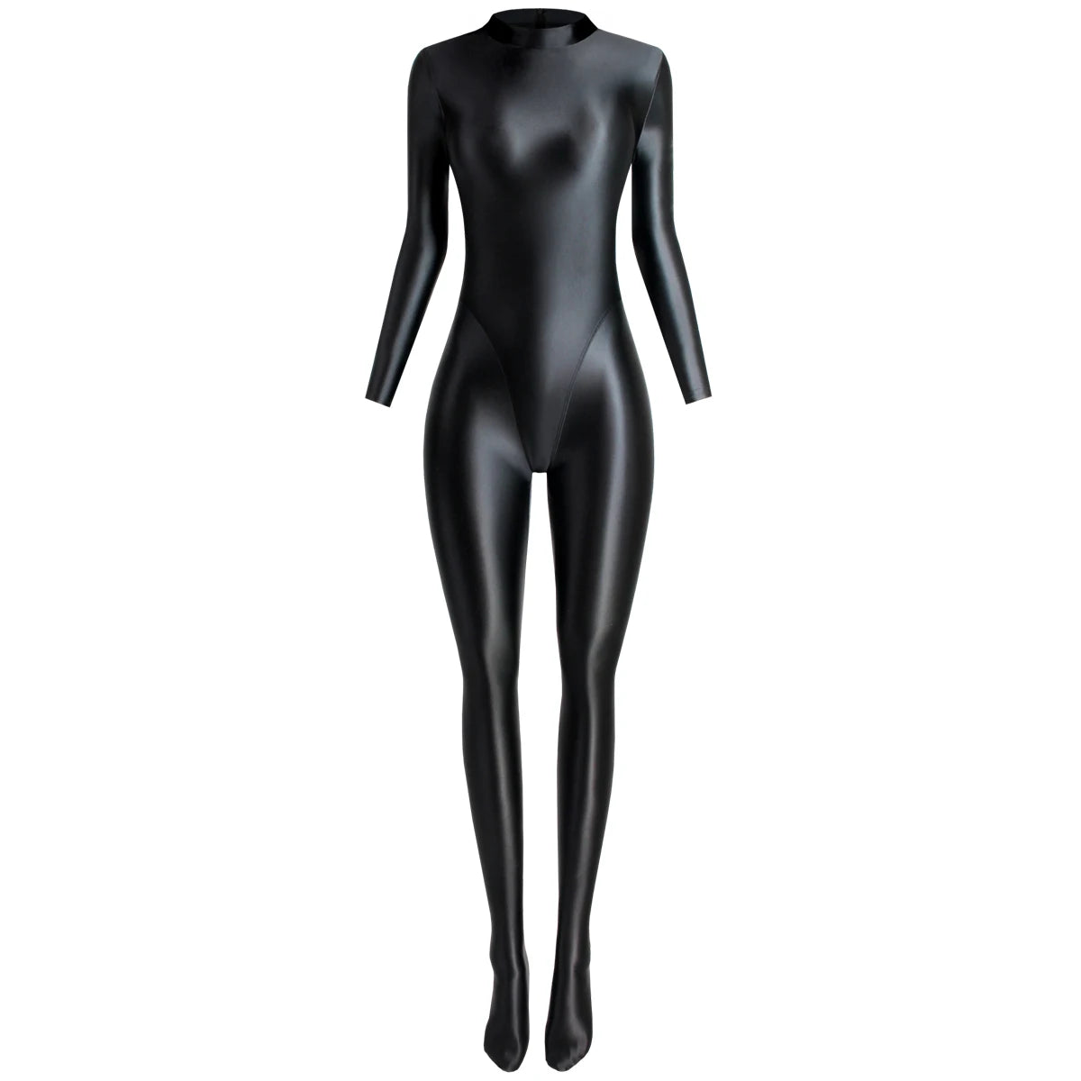 MJINM Glitter Shiny Satin High Stretch V-crotch Longsleeve Back Zipper Yoga Fitness Jumpsuit Bodysuit Playsuit Catsuit Homewear