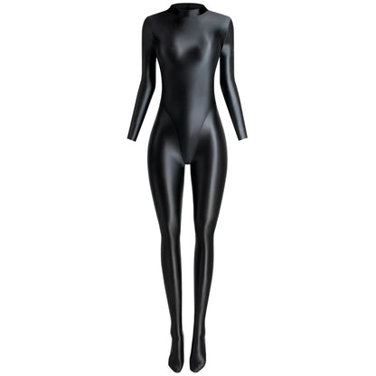 MJINM Glitter Shiny Satin High Stretch V-crotch Longsleeve Back Zipper Yoga Fitness Jumpsuit Bodysuit Playsuit Catsuit Homewear