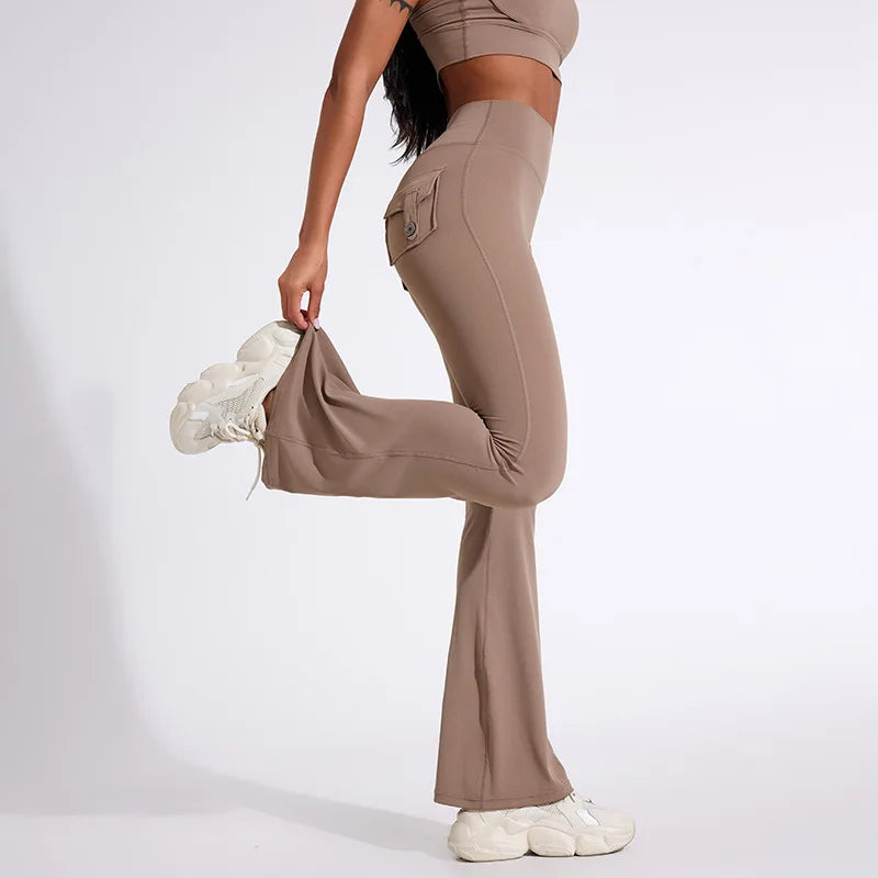 Workwear Pocket Pants, Women's Peach Bell Bottom Pants, Hip Lifting Sports Leggings, Fitness Pants, Micro Bell Bottom Pants