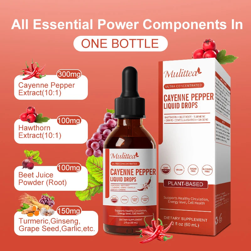Mulittea Cayenne Pepper Liquid Drops 500mg Organic Cayennee Pepper Supplement- Supports Cardiovascular Health, Improve Digestion