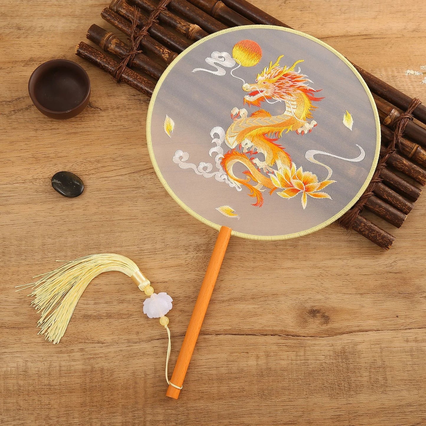 Traditional Chinese Dragon Embroidery Fan Exquisite Double-Sided Hand Fan with Tassel Ethnic Style Summer Cooling Accessories