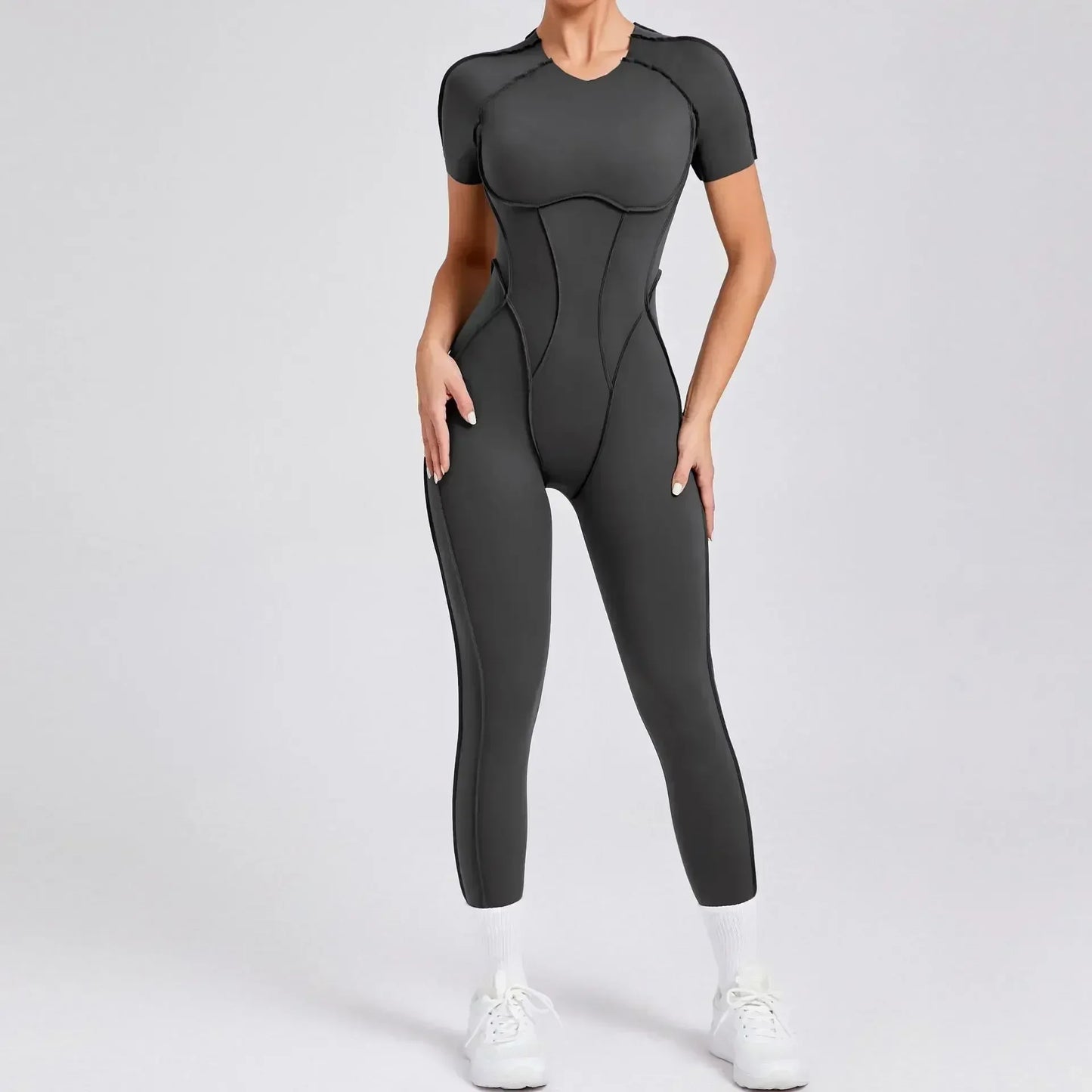 Seamless Yoga Jumpsuits Sports Fitness Combination Hip-lifting Open Back Short-sleeved Set Outdoors Gym Workout Tracksuits Women