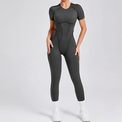 Seamless Yoga Jumpsuits Sports Fitness Combination Hip-lifting Open Back Short-sleeved Set Outdoors Gym Workout Tracksuits Women