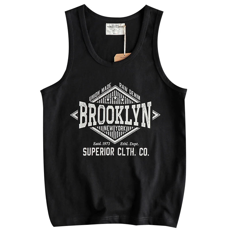 Summer New 230g American Retro Sleeveless O-neck Letter Printed T-shirt Men's 100% Cotton Washed Casual Sports Fitness Vest Tops