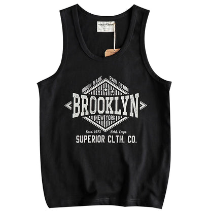 Summer New 230g American Retro Sleeveless O-neck Letter Printed T-shirt Men's 100% Cotton Washed Casual Sports Fitness Vest Tops