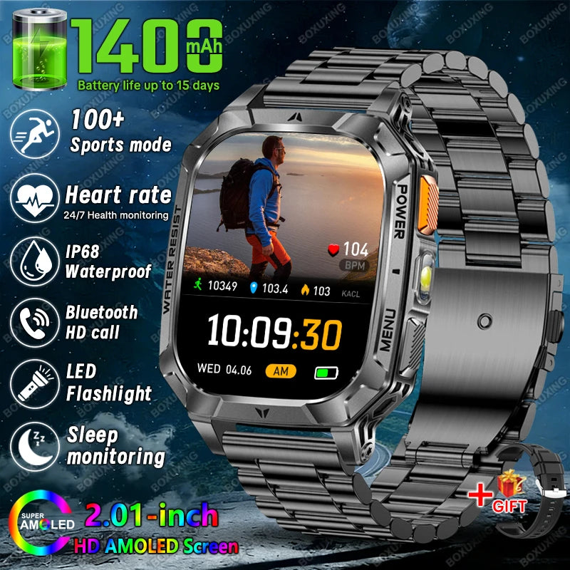 2026 New 1400 mAh Battery Military Grade Smart Watch Men IP68 Waterproof 100+ Sports Modes Bluetooth Call AMOLED HD Smartwatches