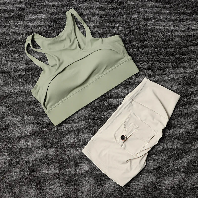 TRY TO BN Fitness Shorts Yoga Sports Bra Sets Women's Tracksuit Sportswear Workout High Waisted Leggings Cycling Gym Suit Pocket