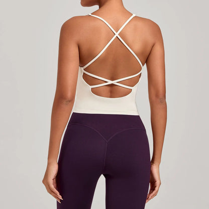 Sexy Cross Backless Sports Tank Tops with Cups Women Gym Clothing Sleeveless V-neck Fitness Active Vest Female Workout Slim Top