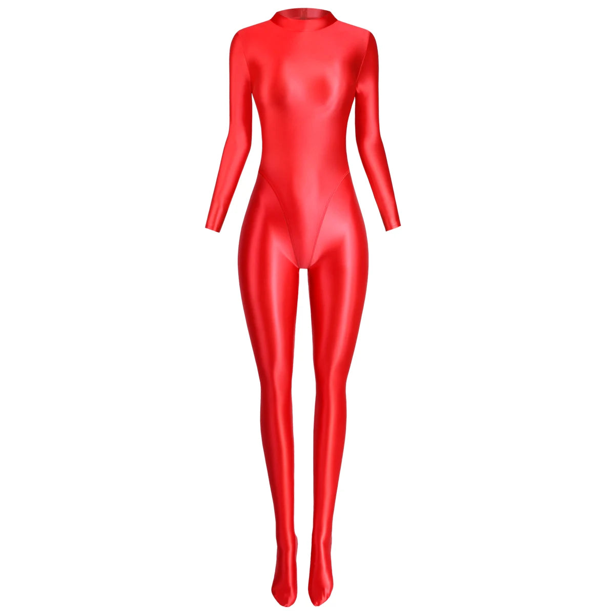 MJINM Glitter Shiny Satin High Stretch V-crotch Longsleeve Back Zipper Yoga Fitness Jumpsuit Bodysuit Playsuit Catsuit Homewear