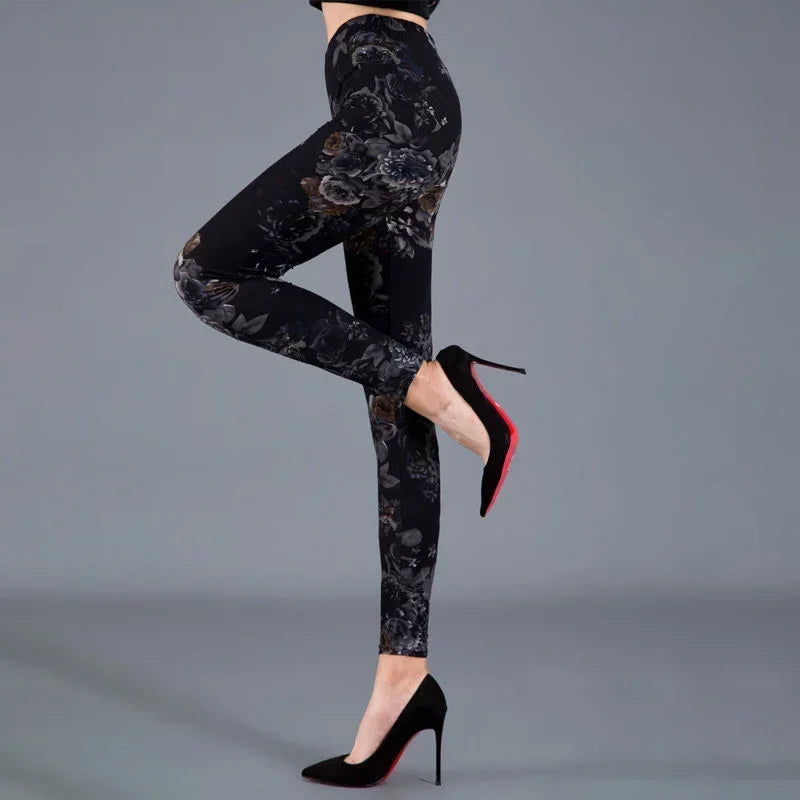 Women Floral Printed Exercise Colorful Peony Flower Female Elastic Leggins High Waist Pants Push Up Trousers Fitness Leggings