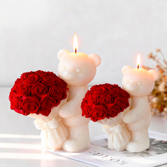 Valentine Bear Candle Mold Holding Rose Silicone Mold Romantic Gift DIY Aromatherapy Wax Plaster Resin Craft Home Decor