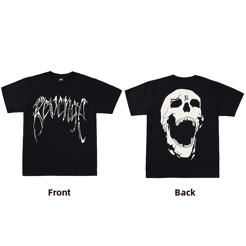 Dark Reflective Skull Bones Tee Short Sleeve Men's T-shirt Street Style Revenge Theme Youth Fashion Casual round Neck