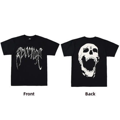 Dark Reflective Skull Bones Tee Short Sleeve Men's T-shirt Street Style Revenge Theme Youth Fashion Casual round Neck