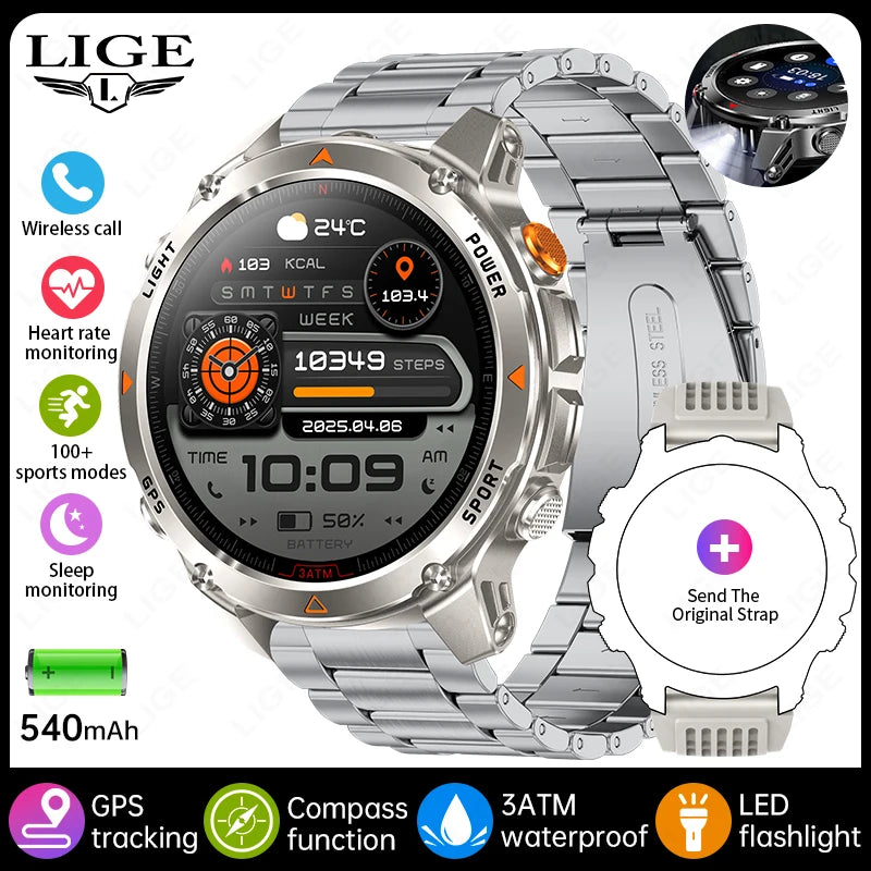 LIGE 2026 New Professional GPS Track Sports Smartwatch Outdoor RIDE Run Compass Altimeter 3ATM Fitness Bracelets 540mAh Watches