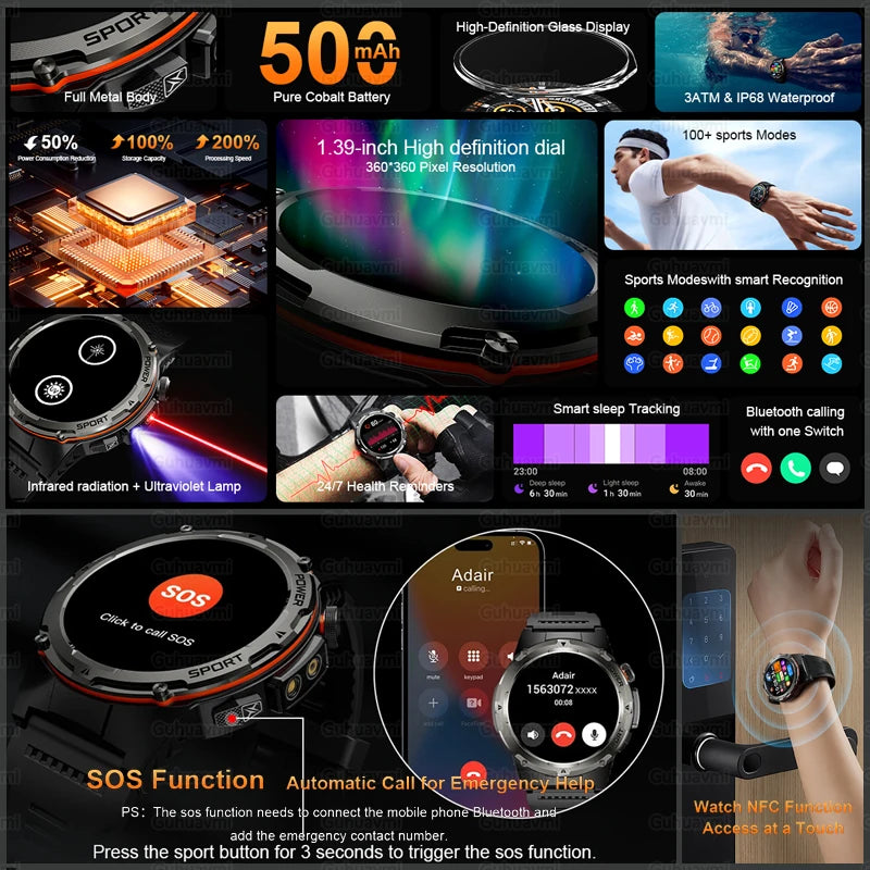2024 New Military Smartwatch IP68 Waterproof outdoor Sports Fitness tracker health monitor BT call 365nm UV+ infrared
